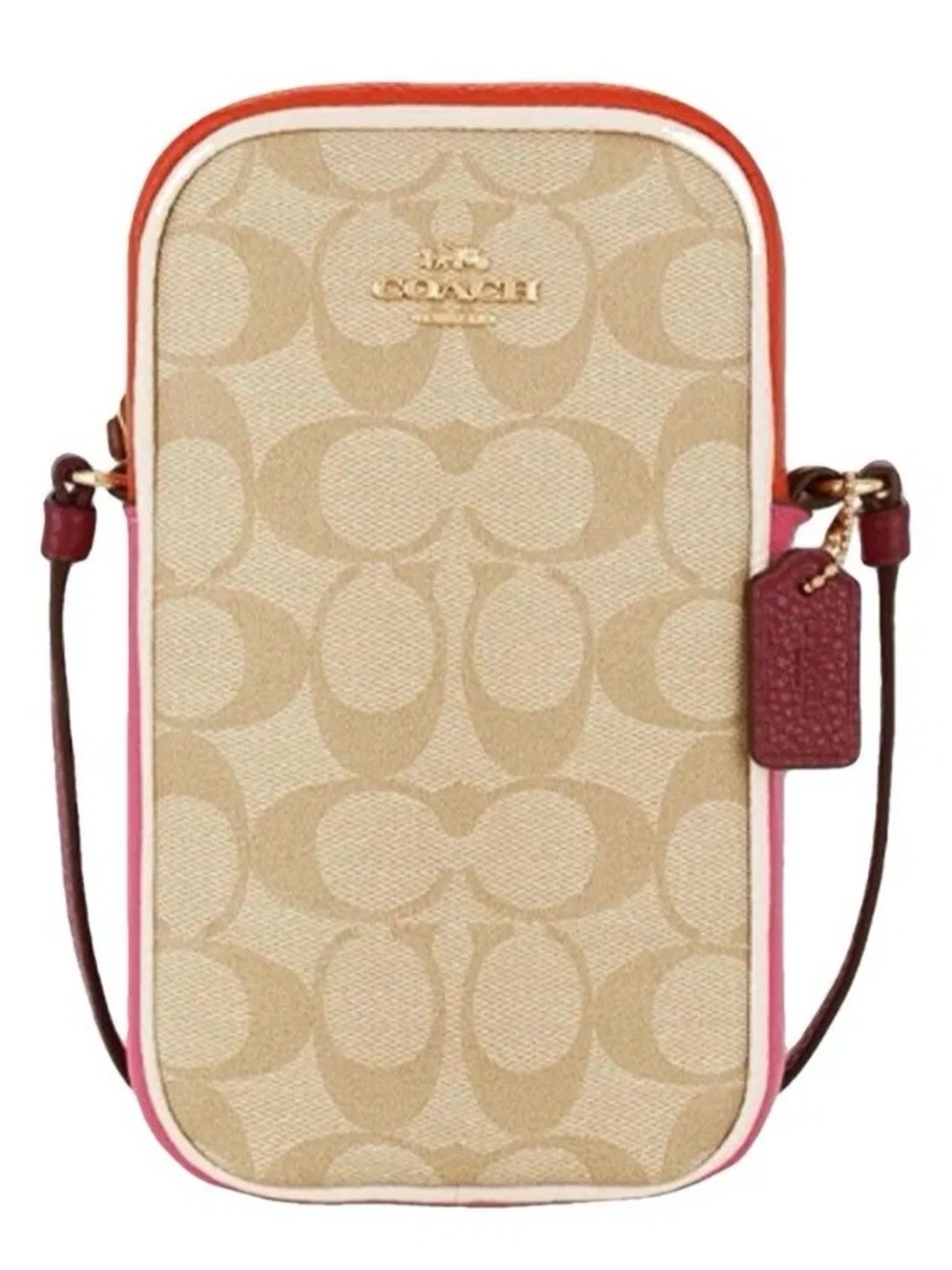 Coach North/South Phone Crossbody in Signature Canvas Pink & Brown